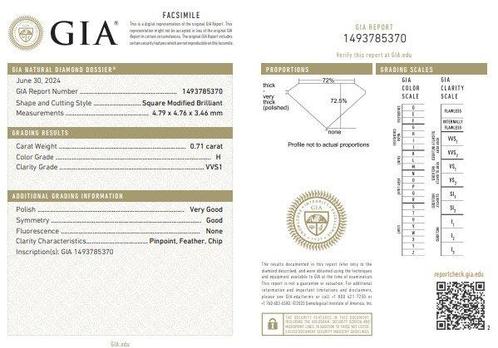 1 pcs Diamant (Natuurlijk) - 0.71 ct - Carré - H - VVS1 -, Handtassen en Accessoires, Edelstenen
