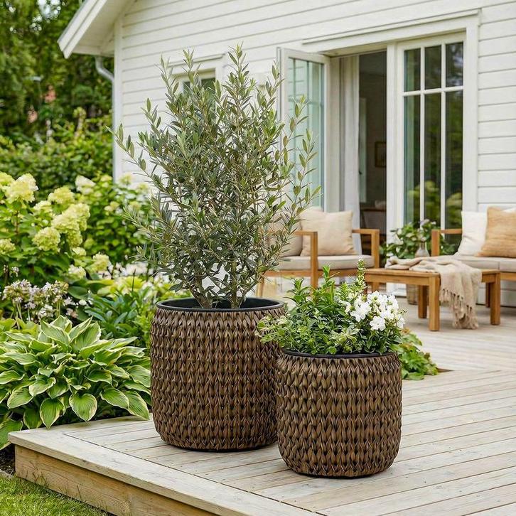 Lot de deux pots en rotin synthétique - marron foncé - S :, Maison & Meubles, Accessoires pour la Maison | Autre, Neuf, Envoi