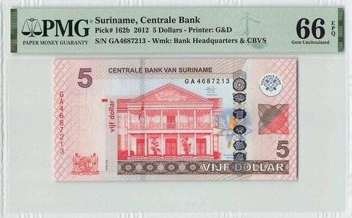 2012 Suriname P 162b 5 Dollar Pmg 66 Epq, Timbres & Monnaies, Billets de banque | Europe | Billets non-euro, Envoi