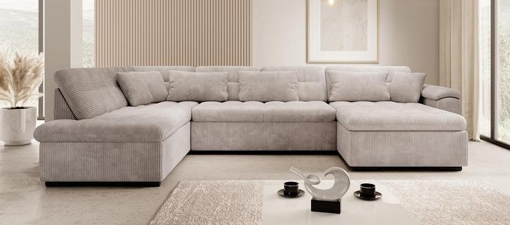 Hoekbank beige ribstof creme U-bank | Meubella.nl, Huis en Inrichting, Zetels | Complete zithoeken, Nieuw, Verzenden