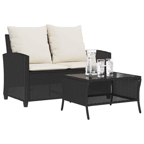 vidaXL Tuinbank 2-zits met kussens & tafel poly rattan zwart, Tuin en Terras, Tuinsets en Loungesets, Nieuw, Verzenden