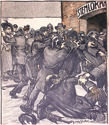 Onrust over kiesrecht in Nederland op spotprent (Lithos), Antiek en Kunst, Kunst | Litho's en Zeefdrukken, Verzenden