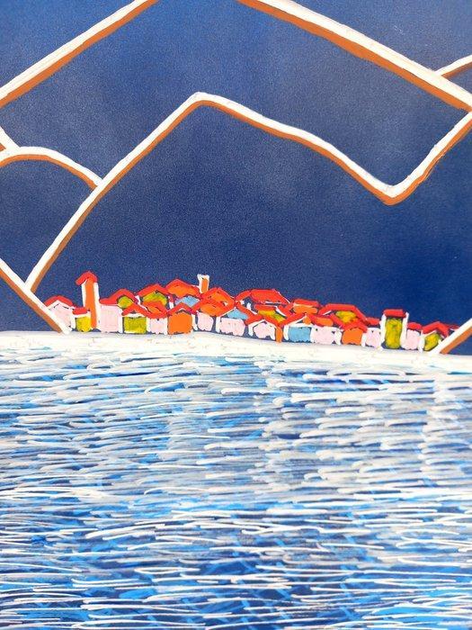 Romano Mosconi - Un paese sulle rive di un lago agitato, Antiek en Kunst, Kunst | Schilderijen | Modern