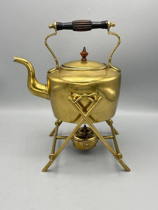 Messing en koper theepot met houder - Theepot - Messing,, Antiek en Kunst, Curiosa en Brocante