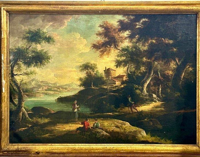 Scuola Fiamminga (XIX) - Paesaggio fluviale con persone - XL, Antiek en Kunst, Kunst | Schilderijen | Klassiek