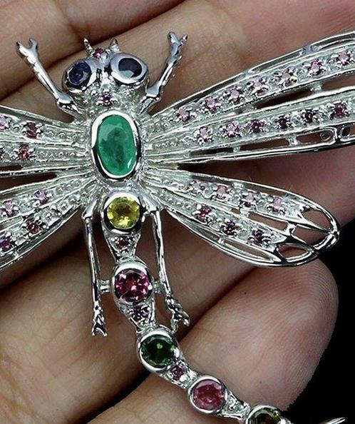 Zonder Minimumprijs - Broche Zilver Smaragd - Toermalijn -, Handtassen en Accessoires, Antieke sieraden