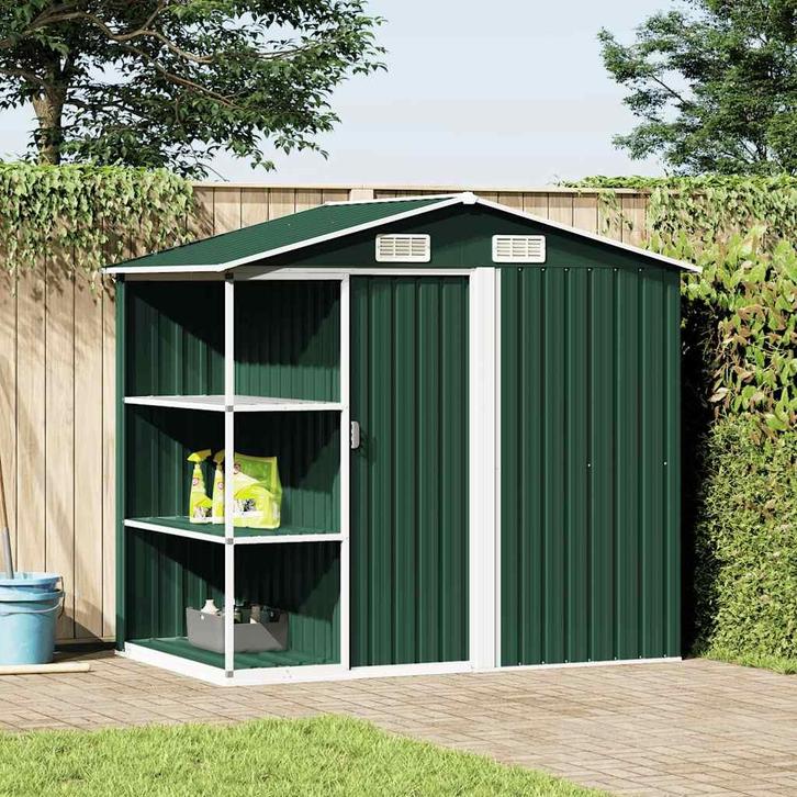 vidaXL Tuinschuur met rek 205x130x183 cm ijzer groen, Tuin en Terras, Tuinhuizen, Nieuw, Verzenden