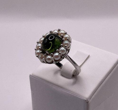 Bague - 18 carats Or blanc - Perle - olivine taille cabochon, Handtassen en Accessoires, Ringen