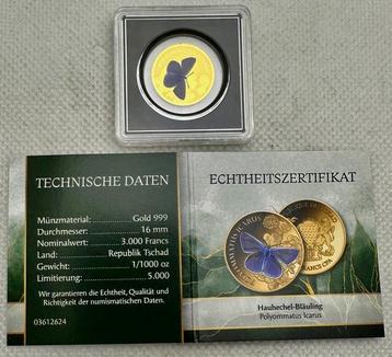 Tsjaad. 3000 Francs ND Polyommatus Icarus , oro 1/1000Oz beschikbaar voor biedingen