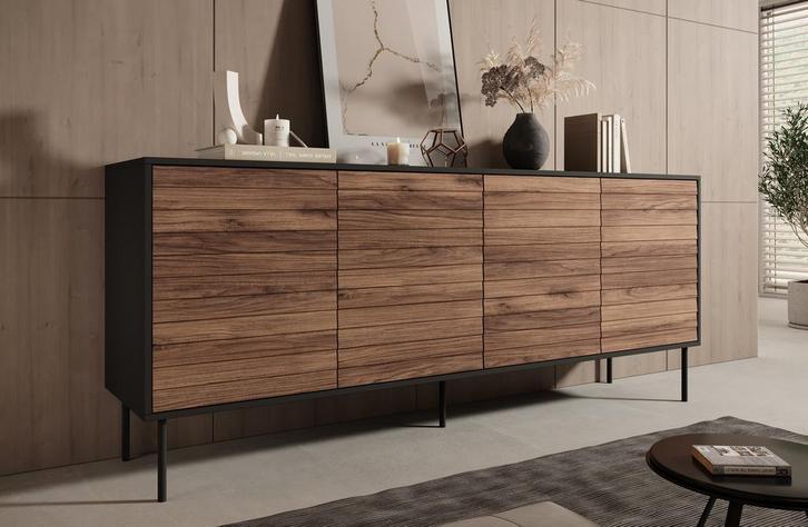 Meubella | Dressoir eiken zwart 200cm 4 deuren - Opbergkast, Huis en Inrichting, Kasten | Dressoirs, 25 tot 50 cm, Nieuw, 200 cm of meer