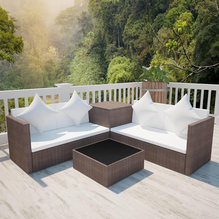 vidaXL 4-delige Loungeset met kussens poly rattan bruin, Tuin en Terras, Tuinsets en Loungesets, Loungeset, Nieuw, Verzenden