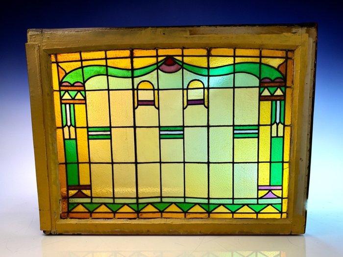 Jugendstil Glas-in-loodraam - 1910-1920 - 81x118 cm / 11 kg, Antiquités & Art, Curiosités & Brocante