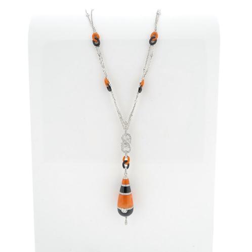 18 Krt. Witgouden ketting met vaste hanger; onyx, bloedko..., Handtassen en Accessoires, Kettingen, Overige kleuren, Gebruikt