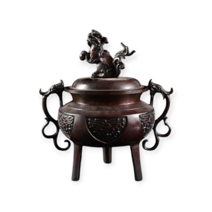 Gegoten bronzen driepootwierookbrander met shishi (leeuw), Antiquités & Art, Antiquités | Autres Antiquités