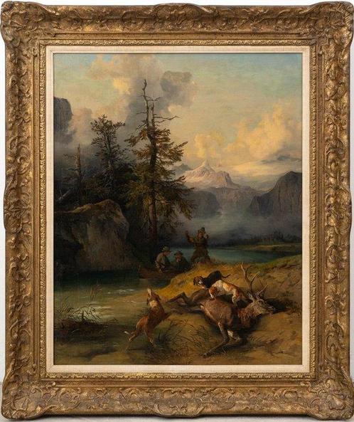 Edmund Mahlknecht (1820–1903) - Hunting Dogs and Hunter with, Antiek en Kunst, Kunst | Schilderijen | Klassiek