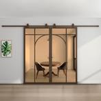 Dubbele stalen schuifdeur Brons 5 Vlaks rond Brons rook glas, 75 tot 150 cm, Nieuw, 150 tot 225 cm, Metaal