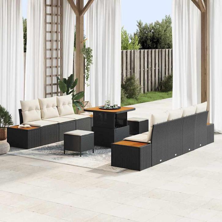 vidaXL Tuinbank Set met kussen met opslag 10 pcs Zwart Poly, Tuin en Terras, Tuinsets en Loungesets, Nieuw, Verzenden
