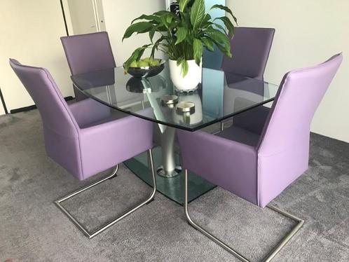 Set van 4 leren eetkamerstoelen met sledepoot - paars leer -, Huis en Inrichting, Stoelen, Overige kleuren, Nieuw, Leer, Ophalen of Verzenden