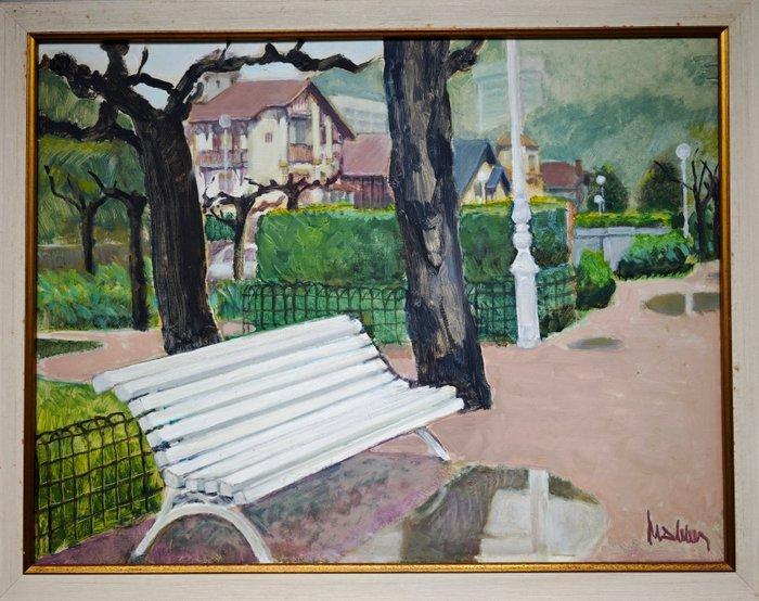 École catalane (XX) - NO RESERVE - Le banc blanc, Antiquités & Art, Art | Peinture | Classique