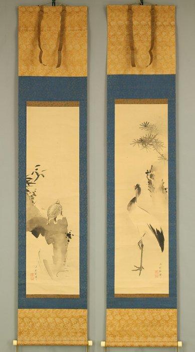 Cranes Turtle Pine Tree - with signature Hogen Baisen, Antiek en Kunst, Antiek | Overige Antiek