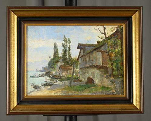 Georges Binet (1865-1949) - Village by the Lake, Antiek en Kunst, Kunst | Schilderijen | Klassiek