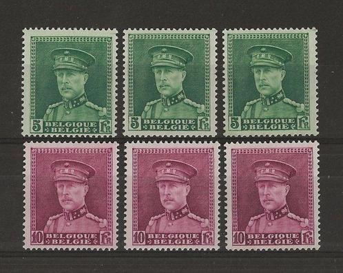 België 1931 - Albert met kepi 5F groen en 10F Paarsroze (x3), Timbres & Monnaies, Timbres | Europe | Belgique