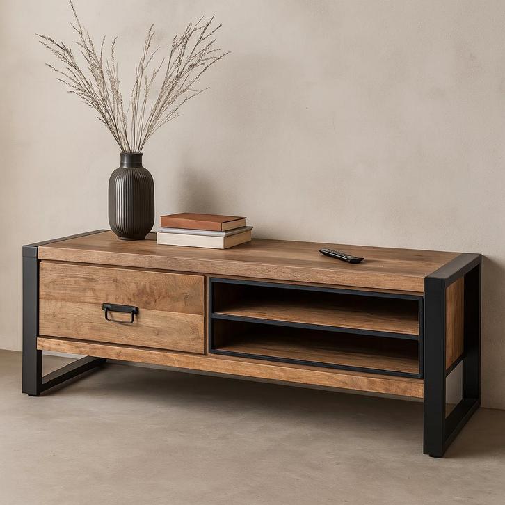 Tv-meubel Mangohout Kelvin 130 cm, Huis en Inrichting, Kasten |Televisiemeubels, 25 tot 50 cm, Nieuw, Overige houtsoorten, Minder dan 100 cm