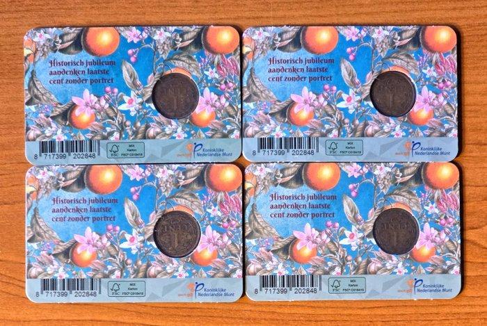 Nederland. 4 stuks Wilhelmina 1 cent in Coincard. Jaren, Postzegels en Munten, Munten | Nederland