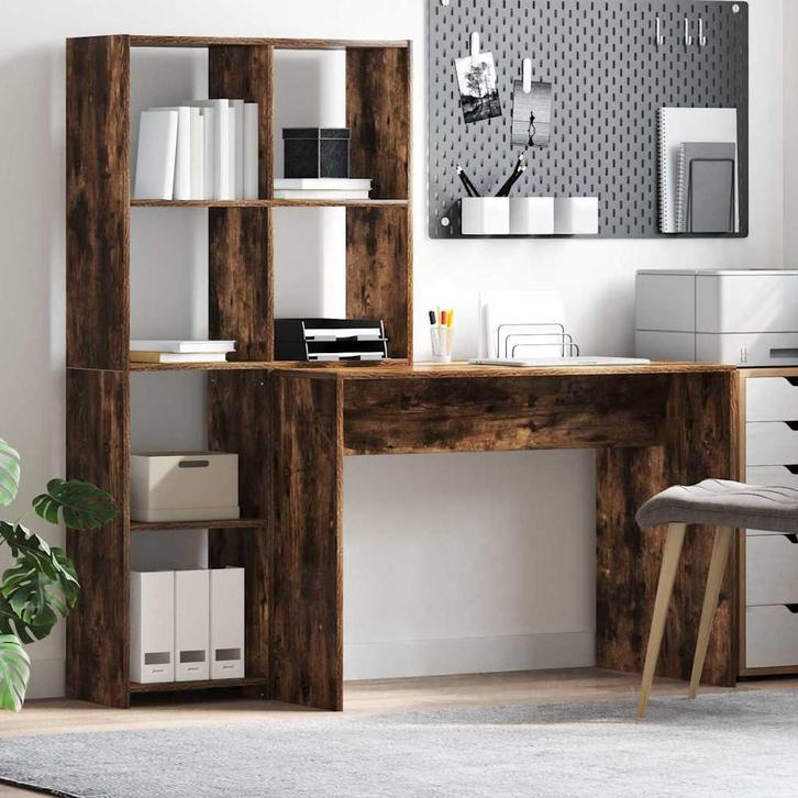vidaXL Bureau met plank Gerookt eiken 138.5 x 55 x 143 cm, Huis en Inrichting, Bureaus, Nieuw, Verzenden
