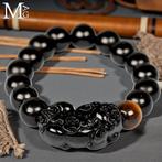 Armband van zwart onyx met tijgeroog en gegraveerde Pi Xiu., Antiek en Kunst