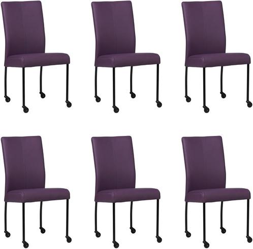 Set van 6 Paarse leren moderne eetkamerstoelen - poot rond, Huis en Inrichting, Stoelen, Nieuw, Vijf, Zes of meer stoelen, Leer