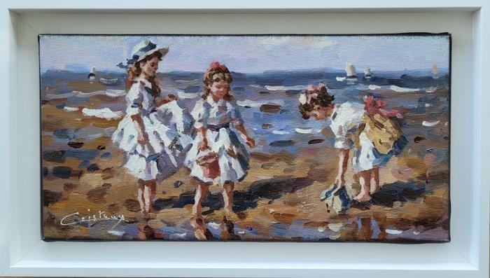 Francis Cristaux (1950) - Les filles au bord de la mer, Antiek en Kunst, Kunst | Schilderijen | Klassiek