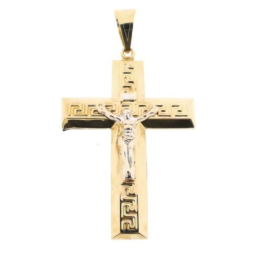 Bicolor gouden hanger van een groot kruis met corpus INRI, Handtassen en Accessoires, Bedels, Gebruikt, Overige merken, Goud, Ophalen of Verzenden