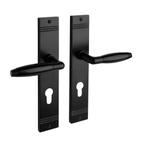 Geveerde deurklink Retro mat zwart op schild cilindergat..., Ophalen of Verzenden, Klink of Kruk