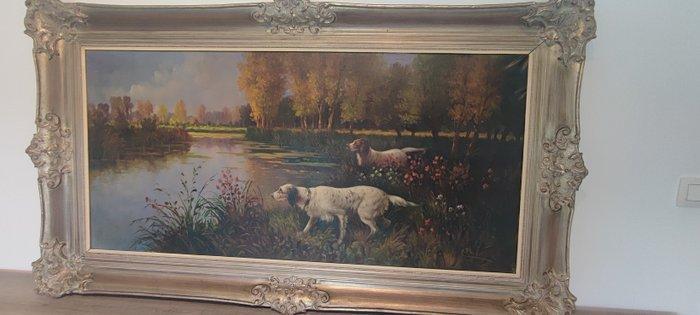 A.Parmentier (1958) - Zeer groot olie schilderij twee honden, Antiek en Kunst, Kunst | Schilderijen | Klassiek
