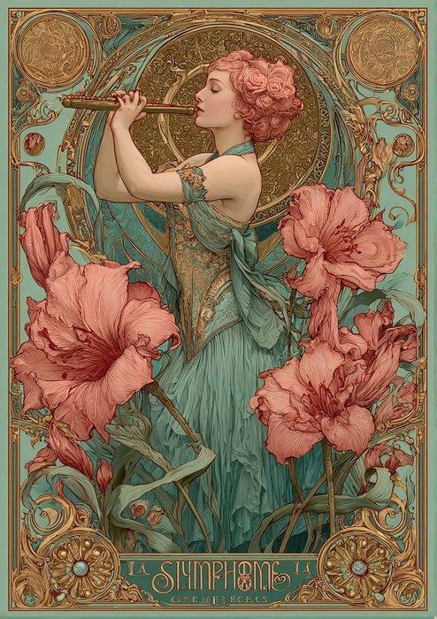 CARCANVAS_IT - Redhead flautist in Mucha style, Antiek en Kunst, Curiosa en Brocante
