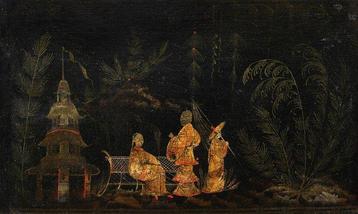 Chinese school (XVIII) - Oriental scene with pagoda, Antiek en Kunst