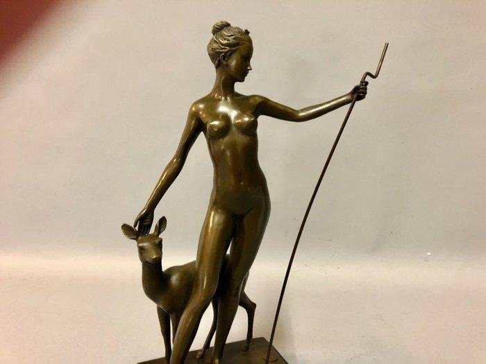 Sculpture, Diana and Doe - 32 cm - Bronze, Maison & Meubles, Maison & Meubles | Autre