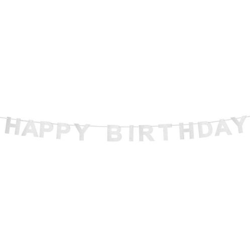 Zilveren Happy Birthday Letterslinger 2,25m, Hobby en Vrije tijd, Feestartikelen, Nieuw, Verzenden