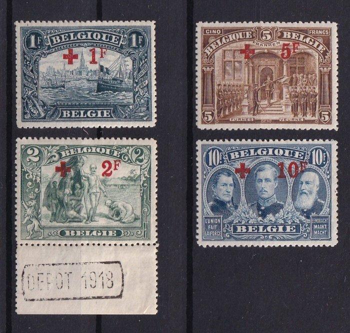 België 1918 - de 4 hoogste waarden uit de reeks Rode Kruis,, Postzegels en Munten, Postzegels | Europa | België