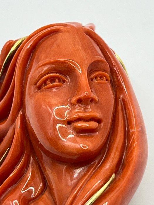 Broche - 18 karaat Geel goud Koraal, Handtassen en Accessoires, Antieke sieraden