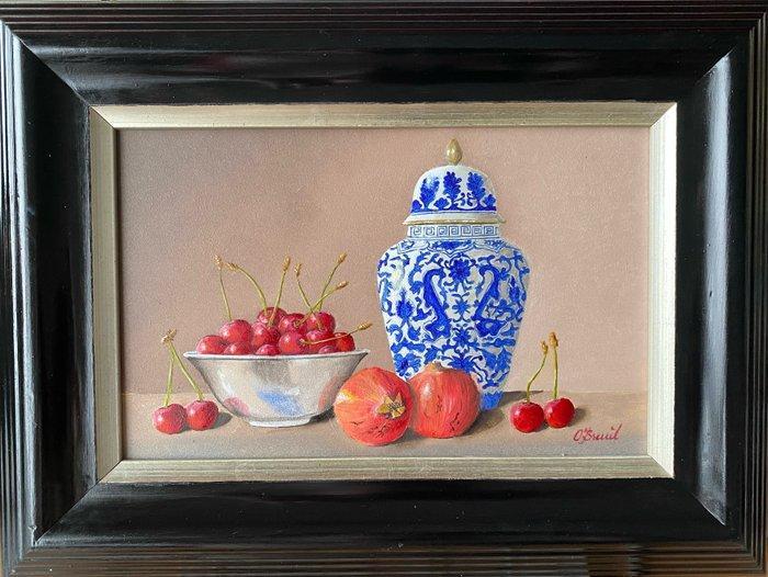 Ben Oude Breuil (1949) - Chinese dekselvaas met kersen en, Antiquités & Art, Art | Peinture | Classique