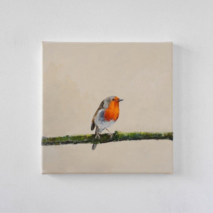 Matthieu van Riel - Robin on a Mossy Branch, Antiek en Kunst, Kunst | Schilderijen | Modern