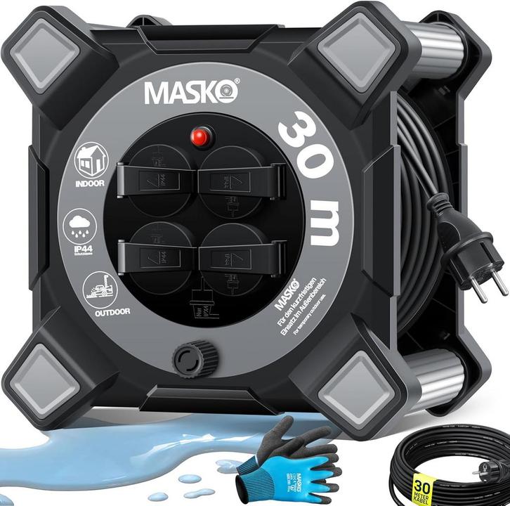 Masko® Kabelhaspel 30m - Verlengkabel - IP44 - Grijs, Doe-het-zelf en Bouw, Gereedschap | Overige machines, Verzenden