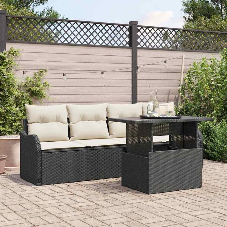 vidaXL Tuinbank Set met kussen 5 pcs Zwart Poly rattan, Tuin en Terras, Tuinsets en Loungesets, Nieuw, Verzenden