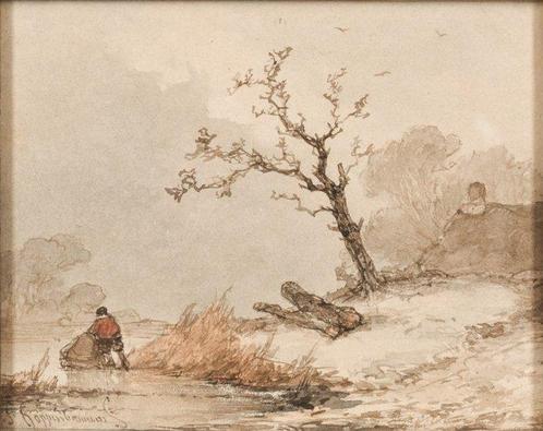 John Francisus Hoppenbrouwers (1819-1866) - Lonely skater in, Antiek en Kunst, Kunst | Schilderijen | Klassiek