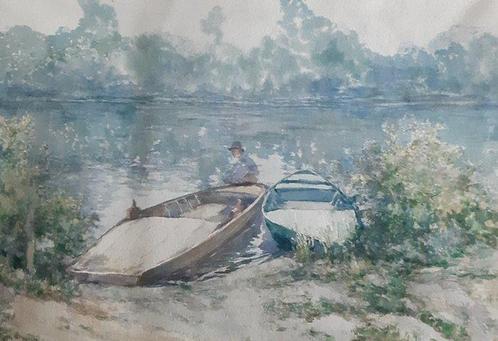 Eugenio Gays (1861-1938) - Barche al fiume, Antiquités & Art, Art | Peinture | Classique