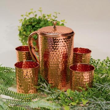 Puur Koperen Set: Kan (±1,5 l) + 4 Bekers Gehamerd, Ophalen of Verzenden