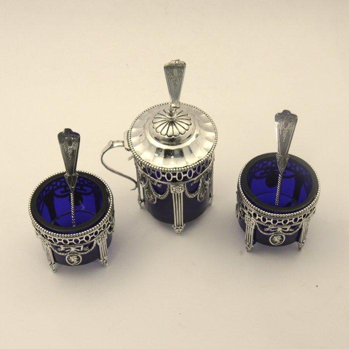 Peper, zout en mosterd set + 3 identieke lepeltjes -, Antiquités & Art, Antiquités | Argent & Or