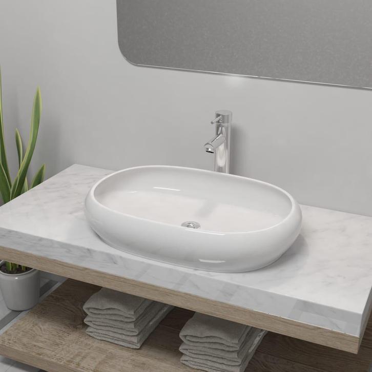 vidaXL Badkamerwastafel met mengkraan ovaal keramiek wit, Doe-het-zelf en Bouw, Sanitair, Nieuw, Verzenden